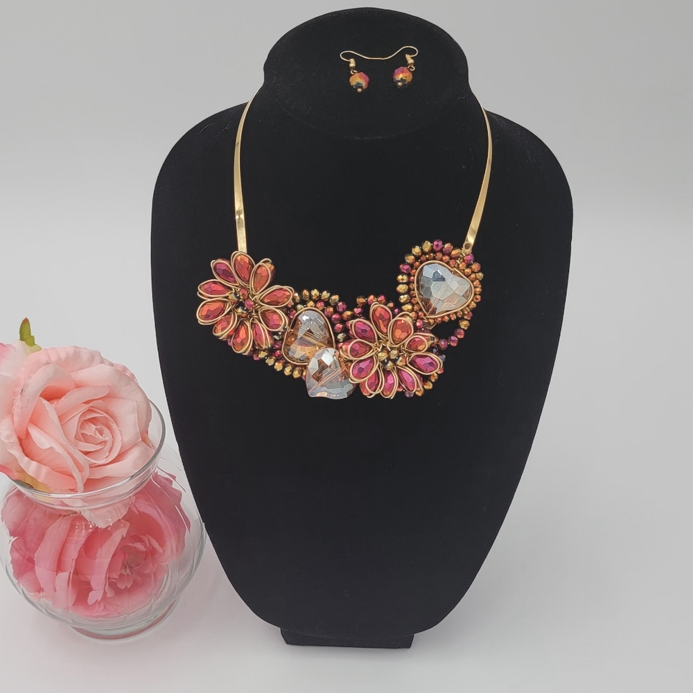Pink and Gold Floral Crystal Necklace